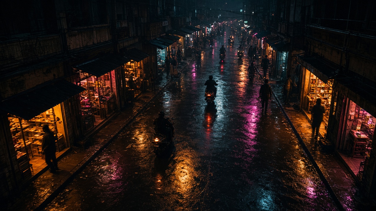 Rainy night market street of partner retail shops