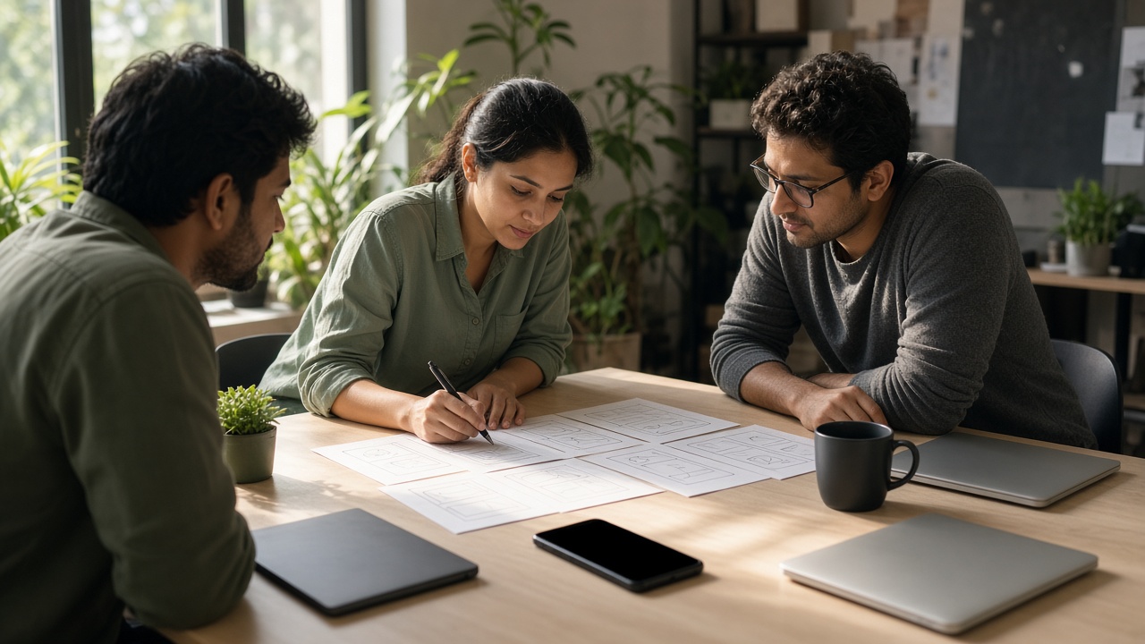 Software team reviewing app and website wireframes in a studio