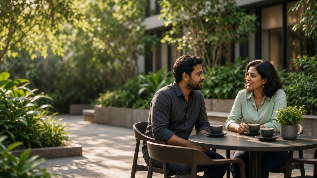 Two colleagues talking over coffee in an office courtyard