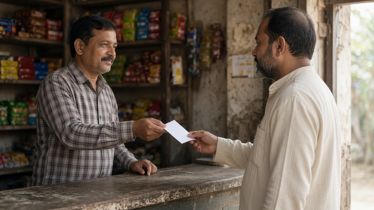 Kirana shopkeeper holding a receipt at the counter