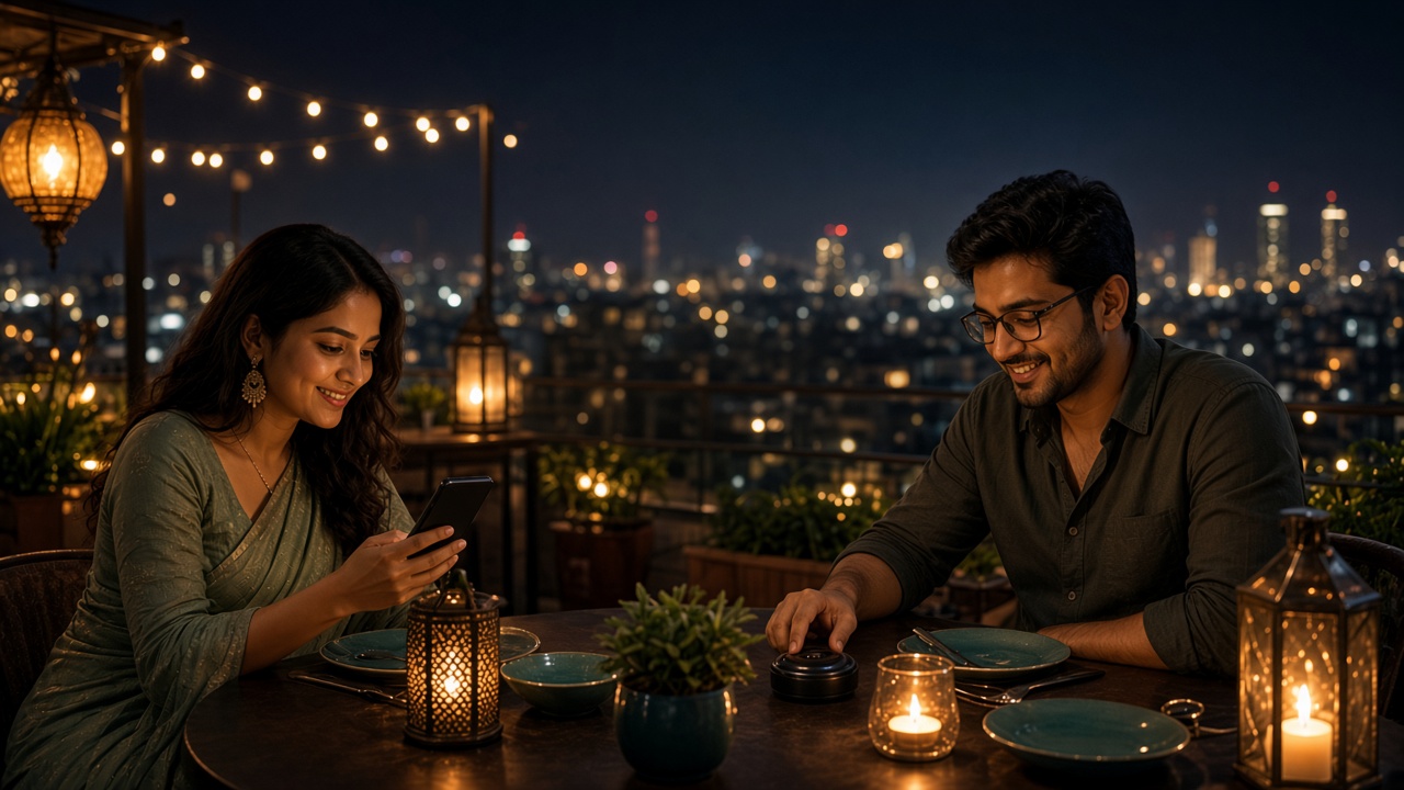 Couple paying by phone at a rooftop restaurant
