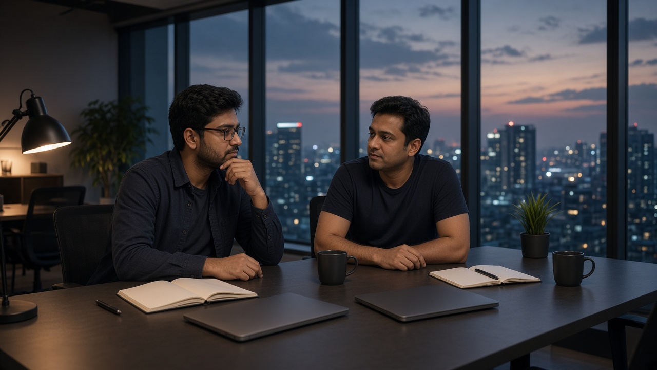 Engineers discussing APIs in an office overlooking the city