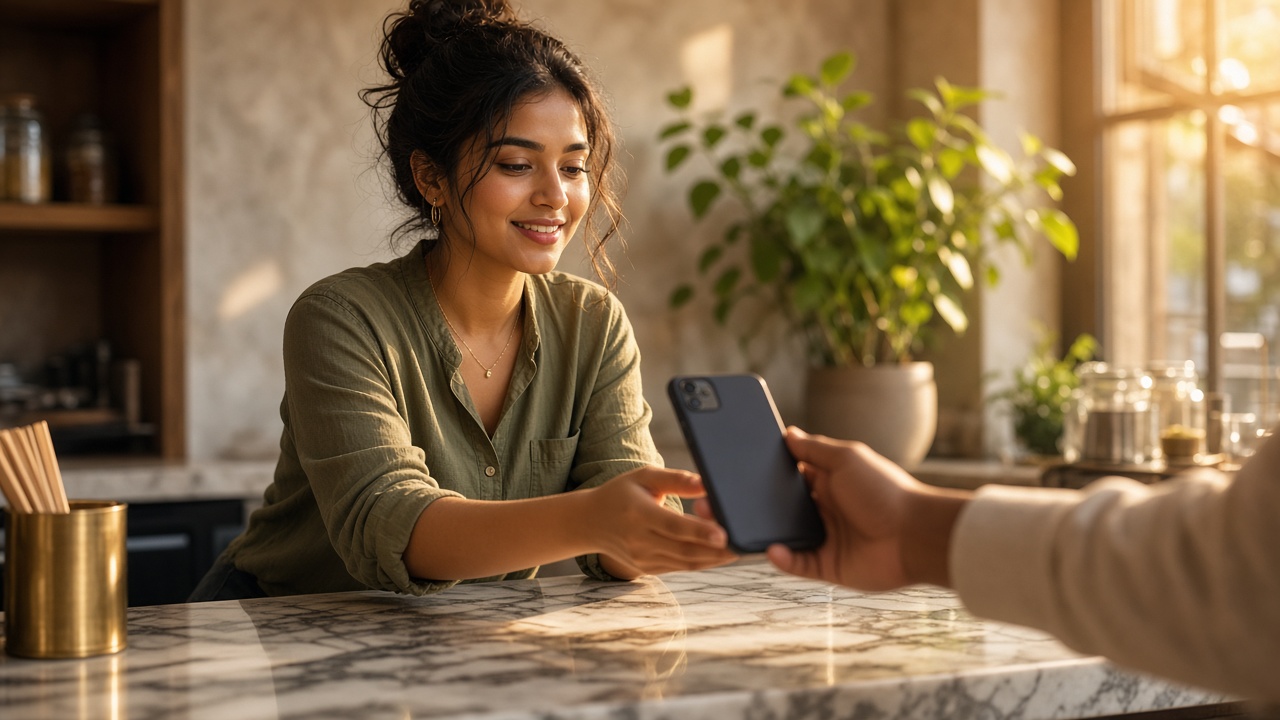 Merchant accepting a UPI payment at the counter