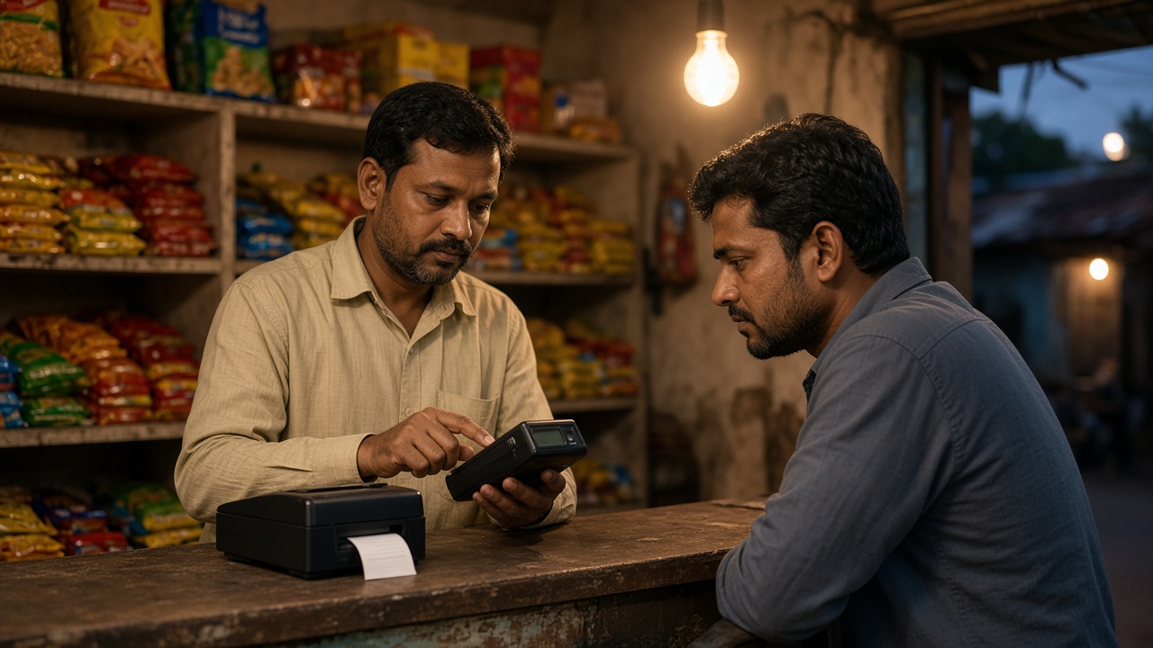 Retailer processing a payment on a POS device at a kirana counter