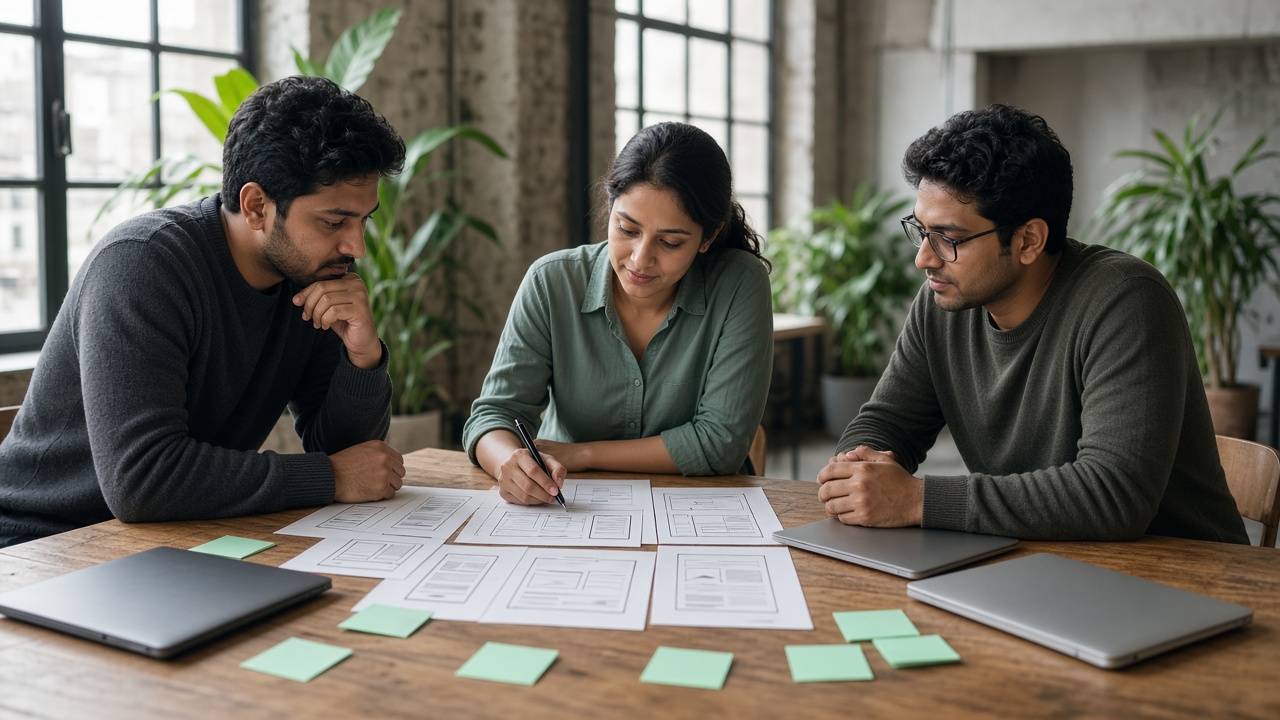 Software team reviewing paper app wireframes in a studio